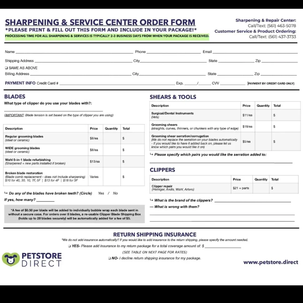 Sharpening and Repair Form by PetStore.Direct