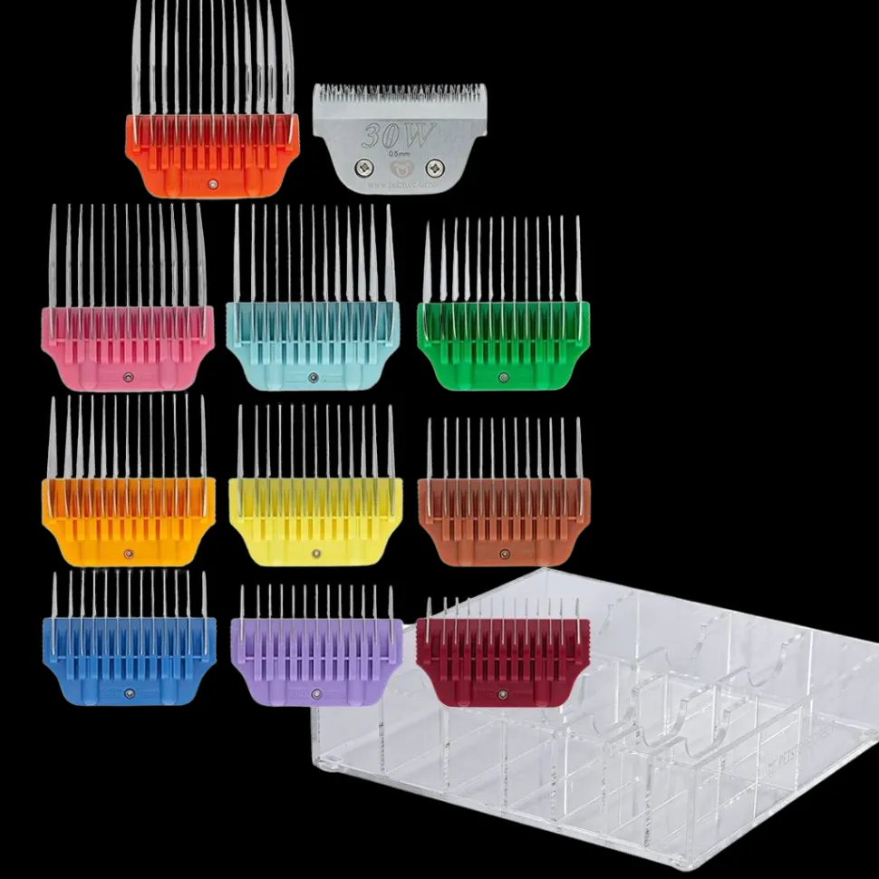Wide Colored Combs Set of 10 and 30W Blade With Clear Holder by PetStore.Direct